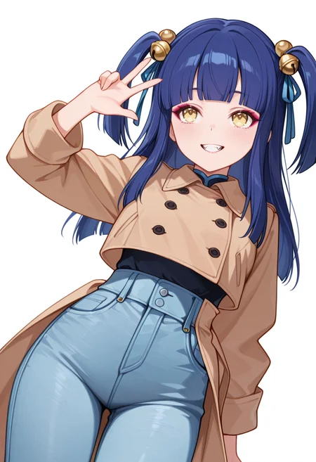 Smooth Quality,masterpiece,very intricate, high quality details, ultra realistic, high detailed skin,detailed enviorement,absurdres,
middle w,
 <lora:Ranran_CNR:0.8> ranran_cnr,1girl, blue hair, long hair, two side up, blunt bangs, yellow eyes, fangs, hair ornament, hair bell,hair ribbon, hair bobbles,makeup,, grin,, simple background, white background, dutch angle,solo,, cropped jacket, ,trench coat, ,jeans, ,