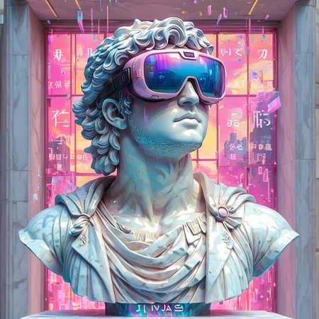 A roman bust wearing VR goggles, set against a background of cascading Windows 95 error messages. Vaporwave-style Japanese text floats around the sculpture. <lora:add-detail-xl:1.2>, <lora:Vaporwave_SDXL:1> ArsMJStyle , vaporwave,