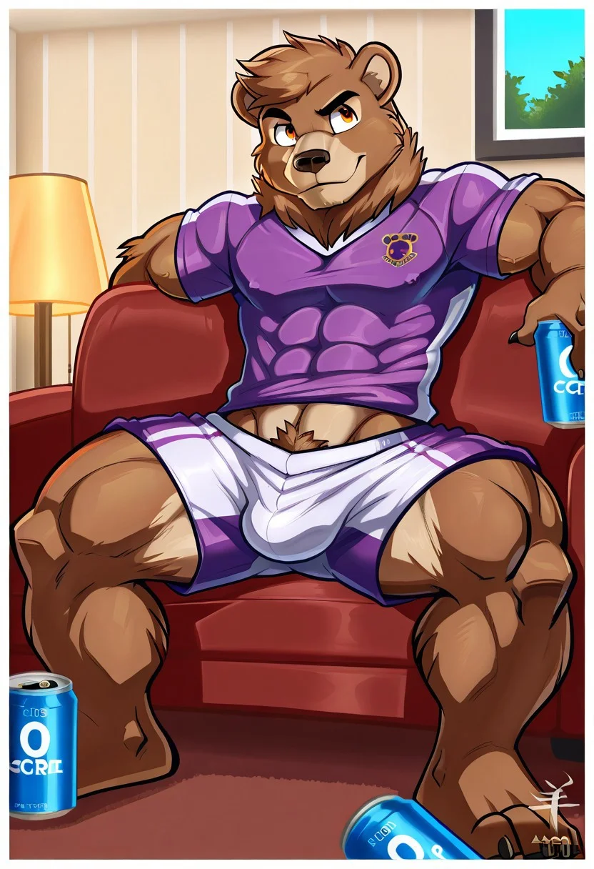 score_9,score_8_up,score_7_up,score_6_up, Aaron, White border, bear, brown bear, ursine, Justin (aaron), 4 fingers, abs, anthro, anthro, biceps, big muscles, , clothed, clothing, male, muscular, pecs, solo,manly, pubes, vein, countershade torso, contershading, brown fur, brown body, can, container, furn furniture, inside, jesey, lamp, male, orange eyes, shirt, living room, couch, sitting on the couch, spreading, legs spread, tan fur, brown spiky hair, purple jersey, mane, gym shorts, shorts,
