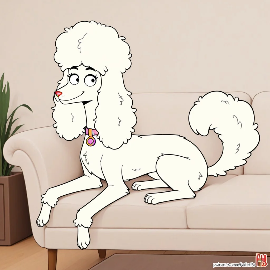 Honey(HB), Solo, 1girl, feral, Dog, poodle, white fur, black eyes, puffy tail, puffy ears, grey nose, pink collar, full body, looking at viewer, smile, sitting on couch, living room background,