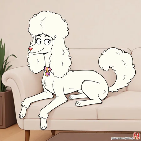 Honey(HB), Solo, 1girl, feral, Dog, poodle, white fur, black eyes, puffy tail, puffy ears, grey nose, pink collar, full body, looking at viewer, smile, sitting on couch, living room background,