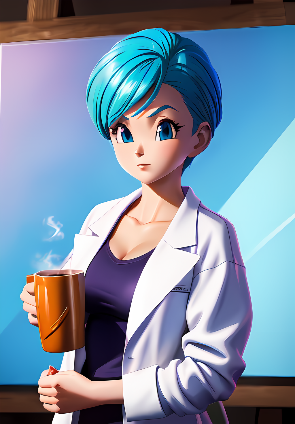 (Photo:1.3), highdetail, <lora:Bulma:0.8>, Bulma, 1girl, solo, labcoat, coffee mug, portrait,, (acclaimed, alluring, captivating, exciting, gorgeous, striking:1.3), (trending on artstation:1.3)