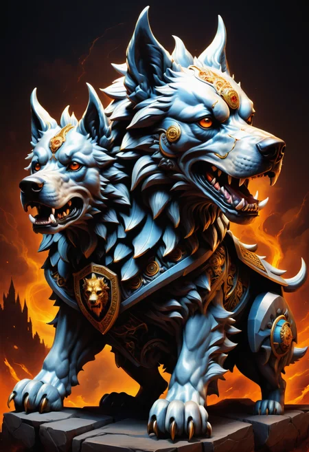 hyper detailed masterpiece, dynamic, awesome quality, cerberos, Fearsome multi-headed dog, guardian of the underworld, fierce and terrifying presence, watchful and loyal to the ruler of the dead, symbol of protection against external threats