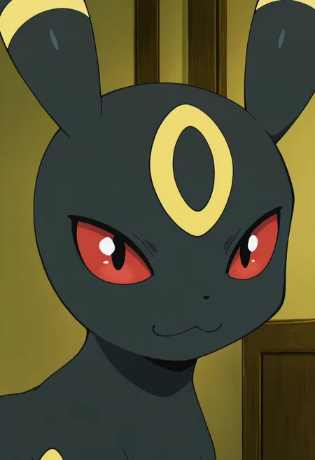 masterpiece, best quality, anime screencap,  zzUmbreon, (tsurime, close up, portrait),  :3,  ,<lora:UmbreonPokedex_IXL:1.0>,