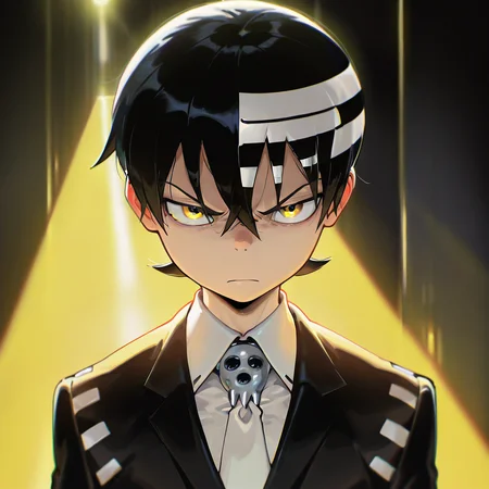 masterpiece, best quality, amazing quality, very aesthetic, absurdres, newest, volumetric lighting,
souleaterstyle,death the kid,
solo,black hair,1boy,yellow eyes,male focus,necktie,frown,formal,suit
,masterpiece, best quality, amazing quality, very aesthetic, absurdres, newest, volumetric lighting,
, <lora:soul_eater_illustrious:0.8>,