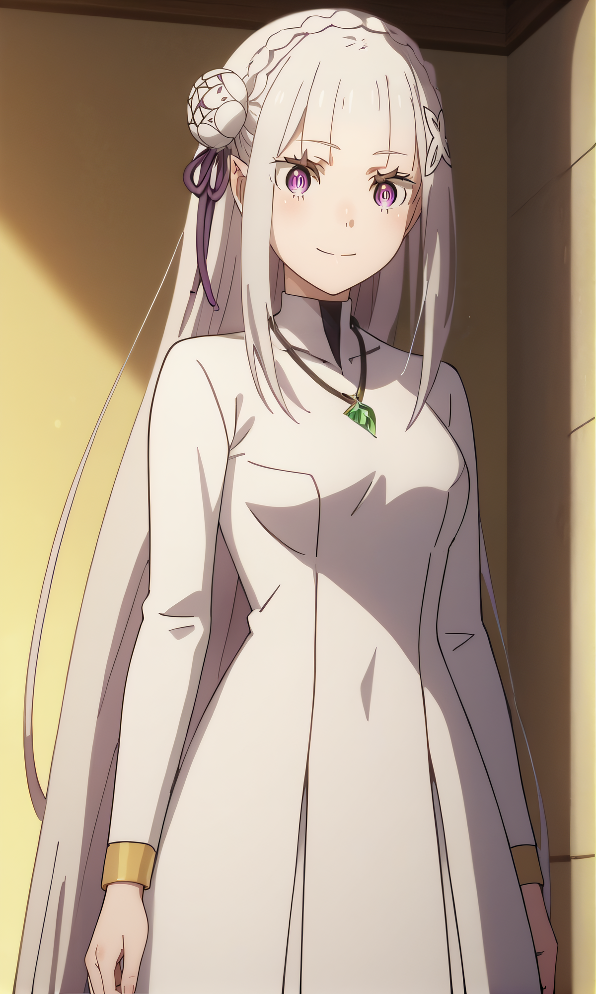 score_9, score_8_up, score_7_up, source_anime, rating_safe, intricate details, anime screencap, official style, anime coloring, 1girl, solo, <lora:3rdSEmilia:1>, altemilia, emilia (re:zero), long dress, long sleeves, necklace, turtleneck, looking at viewer, smile, indoor, cowboy shot