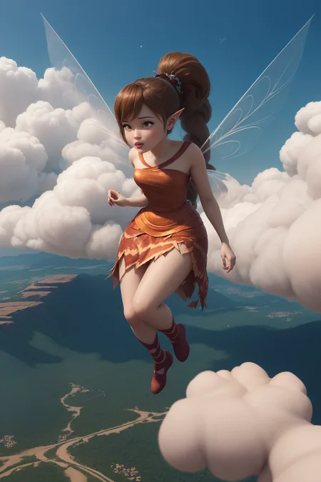 masterpiece, 8k, perfect ligthing, , adult, female, looking at viewer, cinematic lighting, full body shot, Fawn, (FawnWaifu:1.1), (single twisted ponytail), (extra long ponytail), dress, (extra long white fairy wings), ((long wings)), brown clothes, clothes made from leaves, brown hair, pointy ears, detailled eyes, shrunken, (flying in sky), in the sky, flying in the air, clouds, blush, pixiedust, <lora:FawnTinkerbellDisney-08:0.6> <lora:realisticGlossyFaceSkin_rseromanticRsesofiko:0.3><hypernet:empty:0.5>
