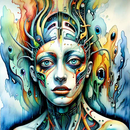 surreal, expressive,biomorphed,hybrid,transsapien,with((( an expression of awe))),,watercolour,primary but complimentary  colours ,epic futuristic masterpiece, 8k , keep all of figure in frame