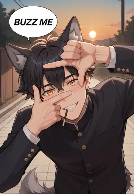 source_anime, (high quality:1.2), (best quality:1.2), sharp focus, ultra-detailed, dynamic shot, amazing quality, very aesthetic, absurdres, finger frame, (leaning forward:1.10), 1boy, solo, handsome, hot male, Ak3ru, kemonomimi, wolf boy, animal ears, wolf ears, wolf tail with white tip, amber eyes, black hair, animal ear fluff, bangs, SFW, looking at viewer, anatomically correct, (wide smile), male focus, detailed eyes, sunset, gakuran, uniform, sunset, blush, outdoors, pocky in mouth, (speech bubble,english text, talking, "BUZZ ME" in the speech bubble)
