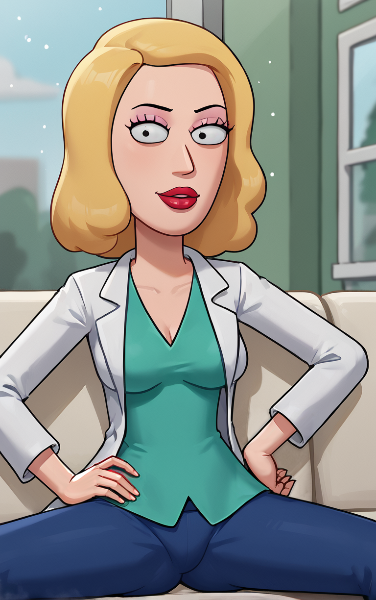 score_9, score_8_up, score_7_up, outdoors, solo, looking at viewer, BREAK 
(contrapposto, hand on hip), 
NurseOutfit_BethSmith_ownwaifu, 
1girl, blonde hair, constricted pupils, black eyes,eyelashes, lipstick, makeup, medium hair, red lips,
labcoat, green shirt, pants, shirt, toon (style),
(sitting, spread legs), couch,  window shade, <lora:PONYXL_MOM_BethSmith_ownwaifu:0.9>,
 depth of field, light particles,