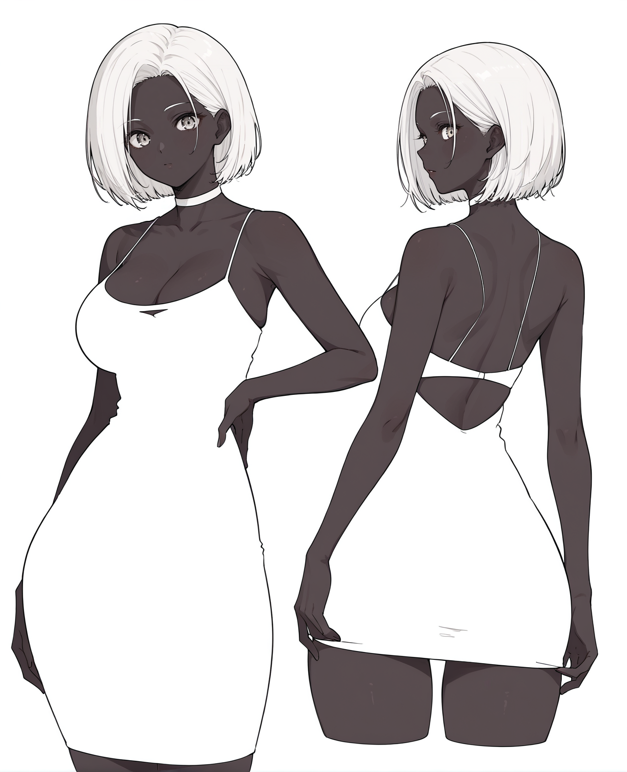 blending, score_9, score_8_up, score_7_up, score_6_up, score_5_up, 1girl, cowboy shot, large breasts, looking back,  wide hips, posing, black skin, white dress, white hair, white background, <lora:Blending:1.35>