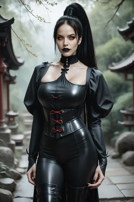 m0r4n4, g0th1c80dy5u1t, score_9, score_8_up, score_7_up, 1girl, cowboy shot, arm support, volumetric light, samurai, traditional japanese armor, manga, <lora:m0r4n4:1.0>