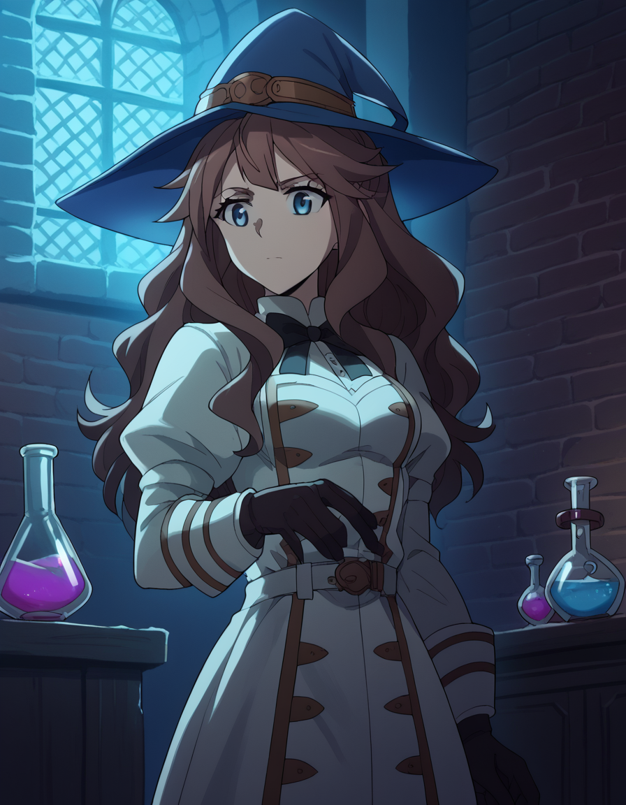 score_9, score_8_up, score_7_up, source_anime, <lora:fiore-forvedge-yggmillenia-apocrypha-s1-ponyxl-lora-nochekaiser:1>, fiore forvedge yggdmillennia, long hair, blue eyes, brown hair, sidelocks, medium breasts,, <lora:wizard-ponyxl-lora-nochekaiser:1>, wizard, wizard hat, robe, dress, long sleeves, gloves,, indoors, bricks, potion, flask, vial,, cowboy shot,, , dutch angle, cowboy shot
