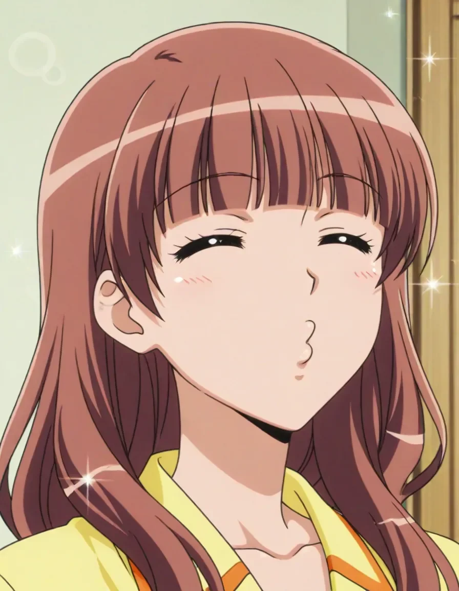 1girl,solo,anime screencap,kaichou wa maid-sama!,
<lora:hanazono_sakura_kaimei_v1_IL:0.6>,hanazono_sakura,bangs,blunt bangs,brown hair,yellow pajamas, long hair, yellow collared shirt,loungewear,
<lora:dmd2_sdxl_4step:1>,home,indoors,my room,portrait,(o3o:1.3),= =,sparkle,