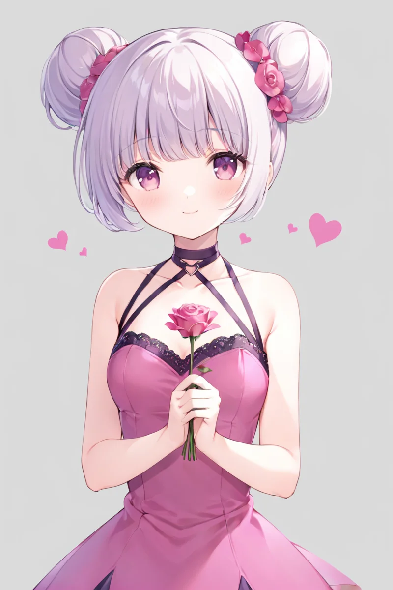 CHII,1girl,solo,flower,holding,holding flower,light smile,lace,upper body,dress,bangs,looking at viewer,bare shoulders,smile,sleeveless,lace trim,pink rose,own hands together,closed mouth, (simple background,hearts:1.4,too many hearts, ),relationshipping, <lora:Chobits_XL:0.7>, pink eyes, pink dress,white thighhighs, choker, shorts, bare shoulders, halterneck, <lora:Xiaoqiao_xl:0.9>