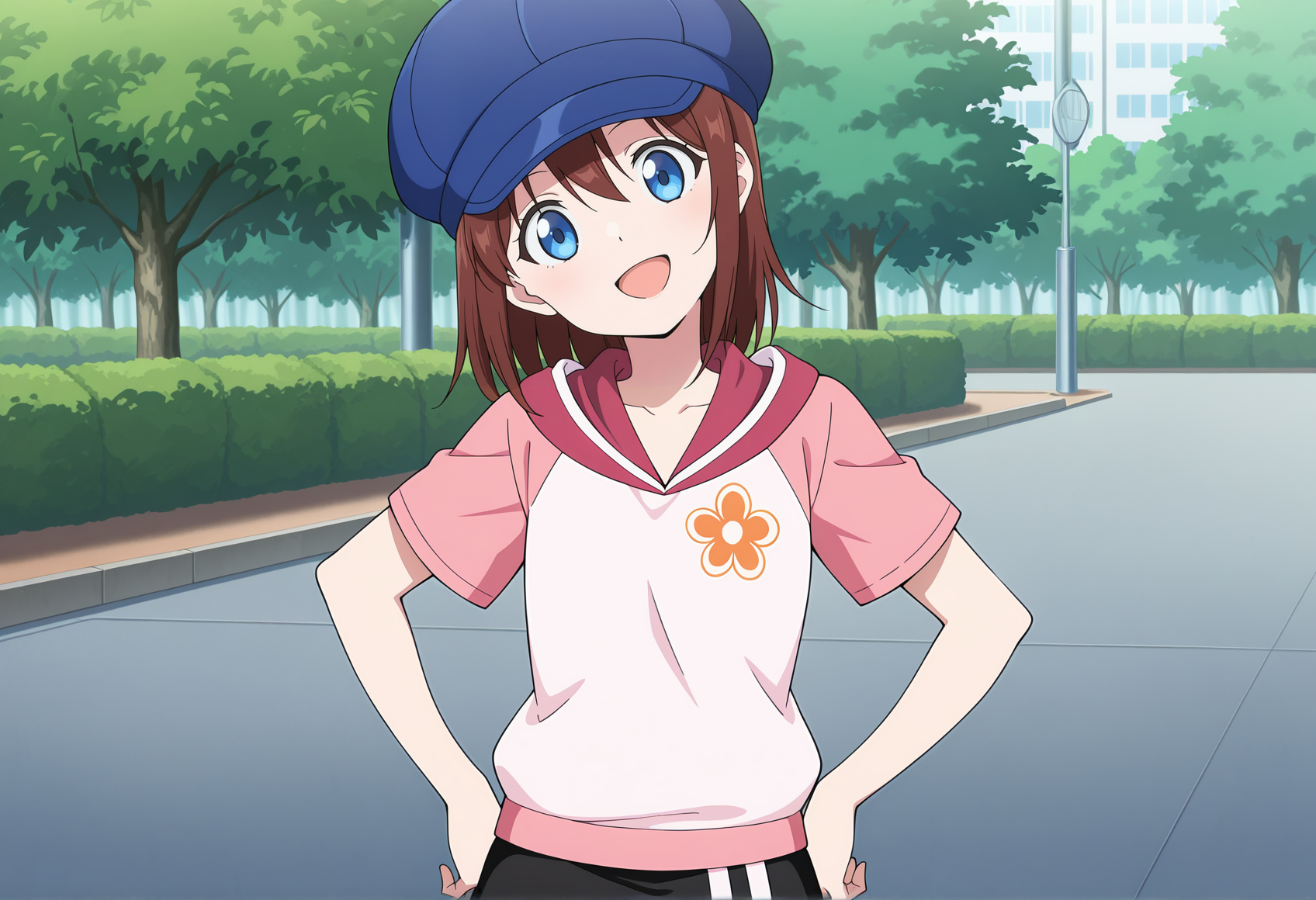 anime screencap, anime coloring, anime screenshot, upper body, 1girl, 1girl, brown hair, short hair, blue eyes, blue cap, hoodie, short sleeves, black skirt, floral print, outdoors, park, standing, smile, open mouth, hands on hip, head tilt <lora:helga_saru_getchu:1>, masterpiece, best quality, amazing quality, very aesthetic, absurdres, highres, newest