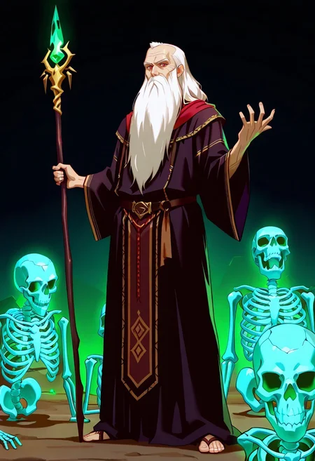 masterpiece, best quality, newest, absurdres, highres, anime, anime style, Necromancer-IL-V1.0, Necromancer-IL-V1.0-Minions, skeletonminions, skeleton, skeletons, 1boy, black robe, old man, old, wrinkles, wrinkly face, beard, long beard, staff, holding staff, holding, holding weapon