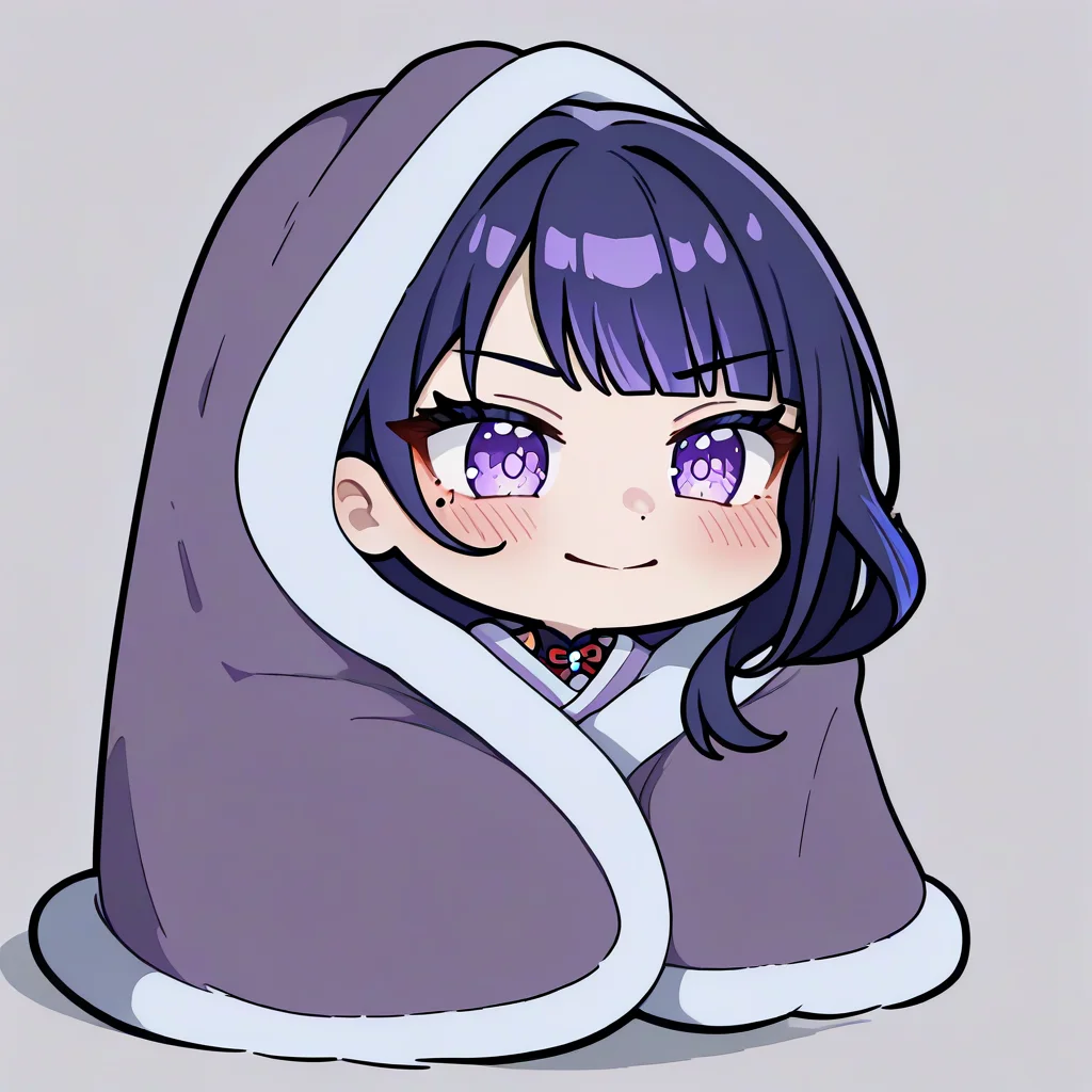 masterpiece, best quality, newest, absurdres, highres, blanket, chibi, under covers, 1girl, <lora:CozyBlanket_illusXL_Incrs_v1:1>, blush, happy, pajamas, alternate costume, raiden shogun,