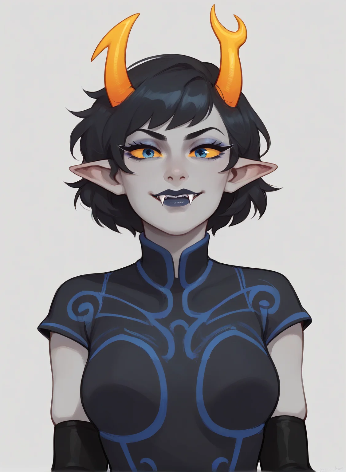 ,score_9, score_8_up, score_7_up, masterpiece, , line art, portrait, anime,, detailed, <lora:Expressive_H:0.45> Expressiveh, <lora:Aranea_serket-000015:0.7> , 1girl, black hair, short hair, yellow sclera, gray skin, pointy ears, horns, aranea serket, , , mindfang dress. black clothes , elbow gloves , fangs, makeup, , blue eyes, thick thighs, skindentation, , curvy , looking at viewer, close-up, ,gray background,