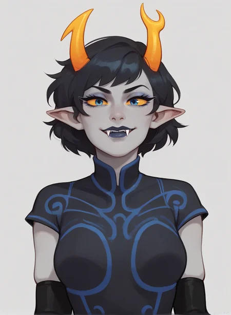 ,score_9, score_8_up, score_7_up, masterpiece, , line art, portrait, anime,, detailed, <lora:Expressive_H:0.45> Expressiveh, <lora:Aranea_serket-000015:0.7> , 1girl, black hair, short hair, yellow sclera, gray skin, pointy ears, horns, aranea serket, , , mindfang dress. black clothes , elbow gloves , fangs, makeup, , blue eyes, thick thighs, skindentation, , curvy , looking at viewer, close-up, ,gray background,