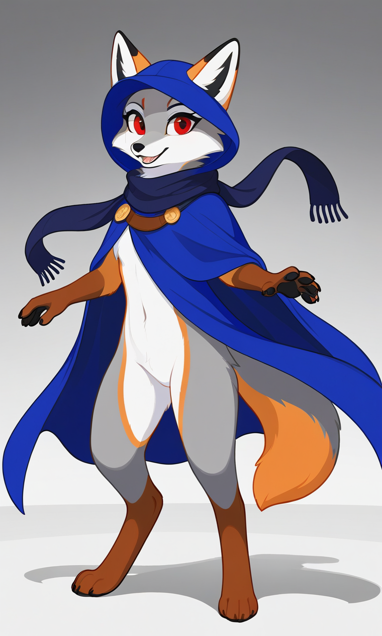 TVtrooper, female, ((fox animal)), red eyes, wearing a scarf and blue cloak, hat, Orange and grey fur, white belly fur, standing on two legs