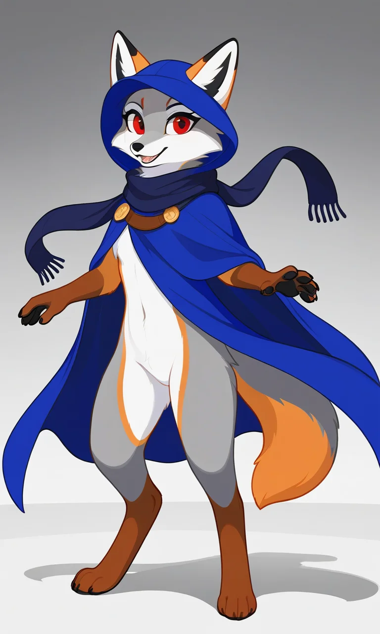 TVtrooper, female, ((fox animal)), red eyes, wearing a scarf and blue cloak, hat, Orange and grey fur, white belly fur, standing on two legs