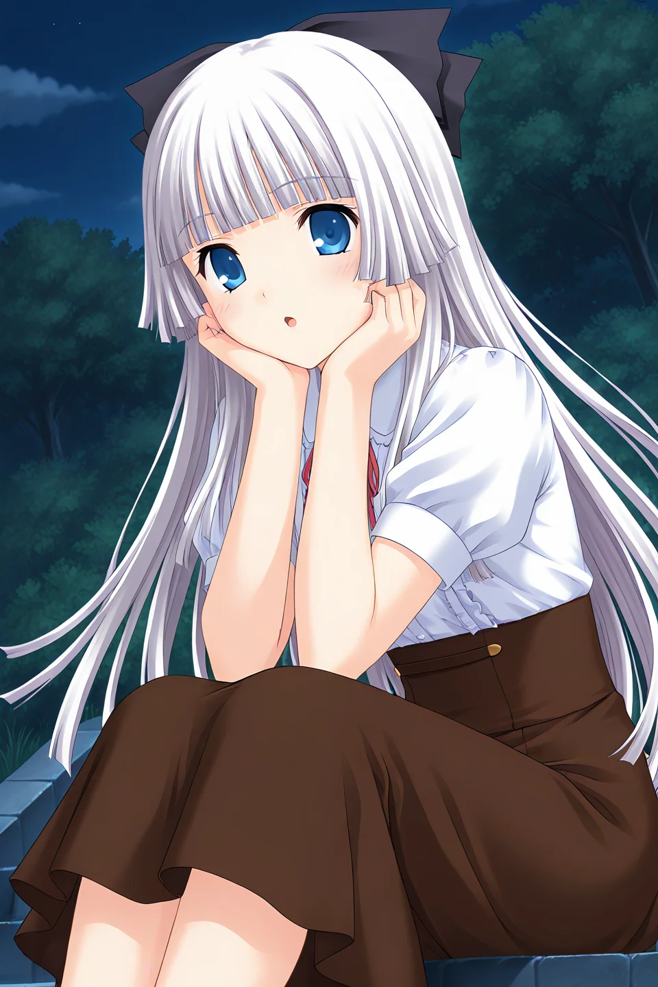 masterpiece, best quality, absurdres, official art, official style, rating_general BREAK <lora:rokujoumiyaho_IL_v1:0.7>, rokujou miyaho, 1girl, solo, blue eyes, grey hair, very long hair, blunt bangs, hime cut, straight hair, blunt ends, sidelocks, hair bow, black bow, small breasts,
casual, dress shirt, blouse, red ribbon, neck ribbon, white shirt, wing collar, collared shirt, frilled shirt, frilled shirt collar, center frills, buttons, puffy short sleeves, frilled sleeves, shirt tucked in, brown skirt, long skirt, high-waist skirt, virgin killer outfit, meme attire, smile, :o, open mouth, blush, sitting, squatting, floating hair, head rest, hands on own cheeks, arm support, leaning forward, cowboy shot, feet out of frame, legs together, knees up, looking at viewer, dutch angle, outdoors, night sky, tree, cloud, starry sky, night, bush, stairs, plant, nature, wind, stone stairs