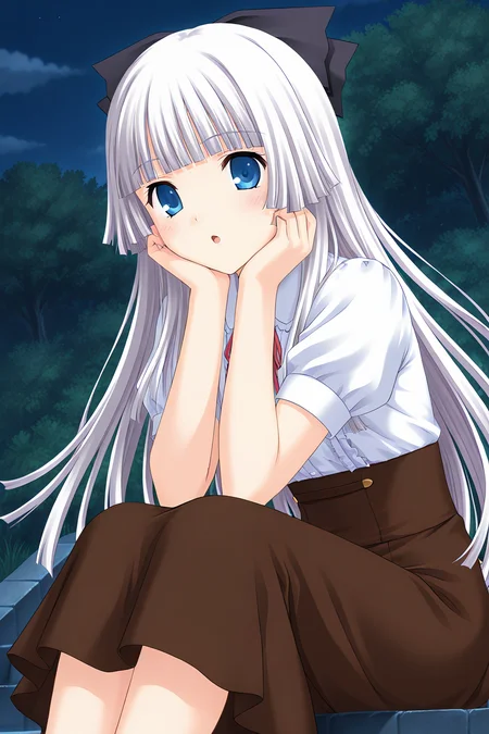 masterpiece, best quality, absurdres, official art, official style, rating_general BREAK <lora:rokujoumiyaho_IL_v1:0.7>, rokujou miyaho, 1girl, solo, blue eyes, grey hair, very long hair, blunt bangs, hime cut, straight hair, blunt ends, sidelocks, hair bow, black bow, small breasts,
casual, dress shirt, blouse, red ribbon, neck ribbon, white shirt, wing collar, collared shirt, frilled shirt, frilled shirt collar, center frills, buttons, puffy short sleeves, frilled sleeves, shirt tucked in, brown skirt, long skirt, high-waist skirt, virgin killer outfit, meme attire, smile, :o, open mouth, blush, sitting, squatting, floating hair, head rest, hands on own cheeks, arm support, leaning forward, cowboy shot, feet out of frame, legs together, knees up, looking at viewer, dutch angle, outdoors, night sky, tree, cloud, starry sky, night, bush, stairs, plant, nature, wind, stone stairs