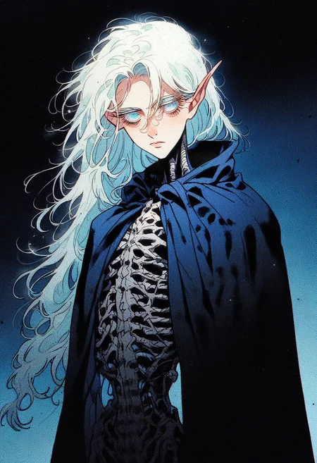 <lora:anorexitionXL-v1:1.1>, (anorexic, anorexia:1.2),  [tired eyes, bags under eyes], [small waist], slums, [visible ribs]
(score_9, score_8_up, score_7_up), source_anime, anime, (dark background), 1man, male, elf, cut hair, white hair, (handsome), ethereal beauty, blue eyes, white eyelashes, red pupils, deep blue long cloak, blue layered clothing, northern clothes, vampire hunter, warrior, solo, waist-high, bloodborne, cowboy shot, upper body, professional photograph, award winning photography, (ultra-detailed body), (Sharp focus), (dynamic angle), innocent, elegant, Alucard