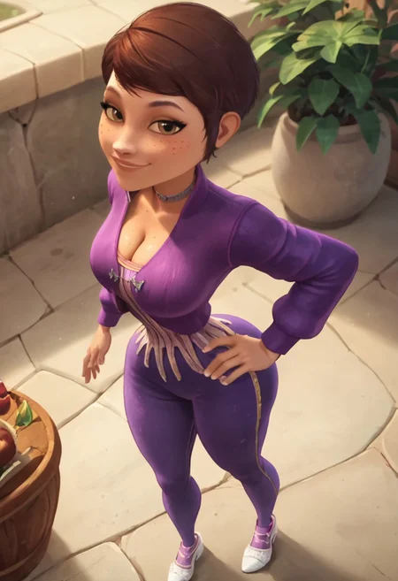 score_9, score_8_up, score_7_up, ultra quality, solo, 1girl, ThePrincess, 1girl, solo, brown hair, short hair, brown eyes, freckles, purple jacket, purple pants, white footwear, cleavage, smug smile, big hips, big butt, bubble butt, breasts, narrow waist, curvy, score_9, score_8_up, score_7_up, score_6_up, looking at the viewer, standing, close up, view from above, screencap