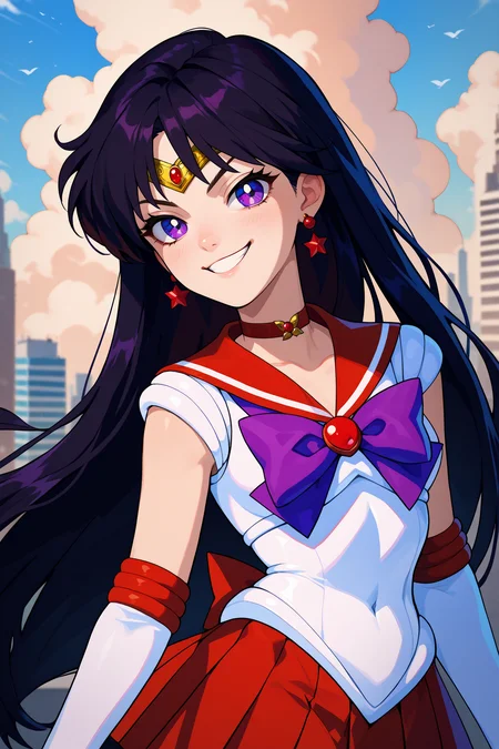 score_9, score_8_up, score_7_up, score_6_up, source_anime, 1girl, solo, <lora:sailormars-pdxl-nvwls-v1-000005:1> slrmars, black hair, long hair, purple eyes, circlet, earrings, choker, red sailor collar, white shirt, sleeveless, white leotard, purple bowtie, red skirt, pleated skirt, white gloves, elbow gloves, upper body, smug, looking at you, smile, happy, blue sky, clouds, city, portrait