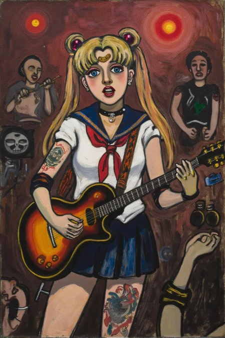 aliceneel1 painting.
Punk sailor moon playing a guitar at a heavy metal mosh pit, tattoos, piercing.
 <lora:aliceneel1_cap_d6a3e12:1.0><lora:842466390968562636:0>