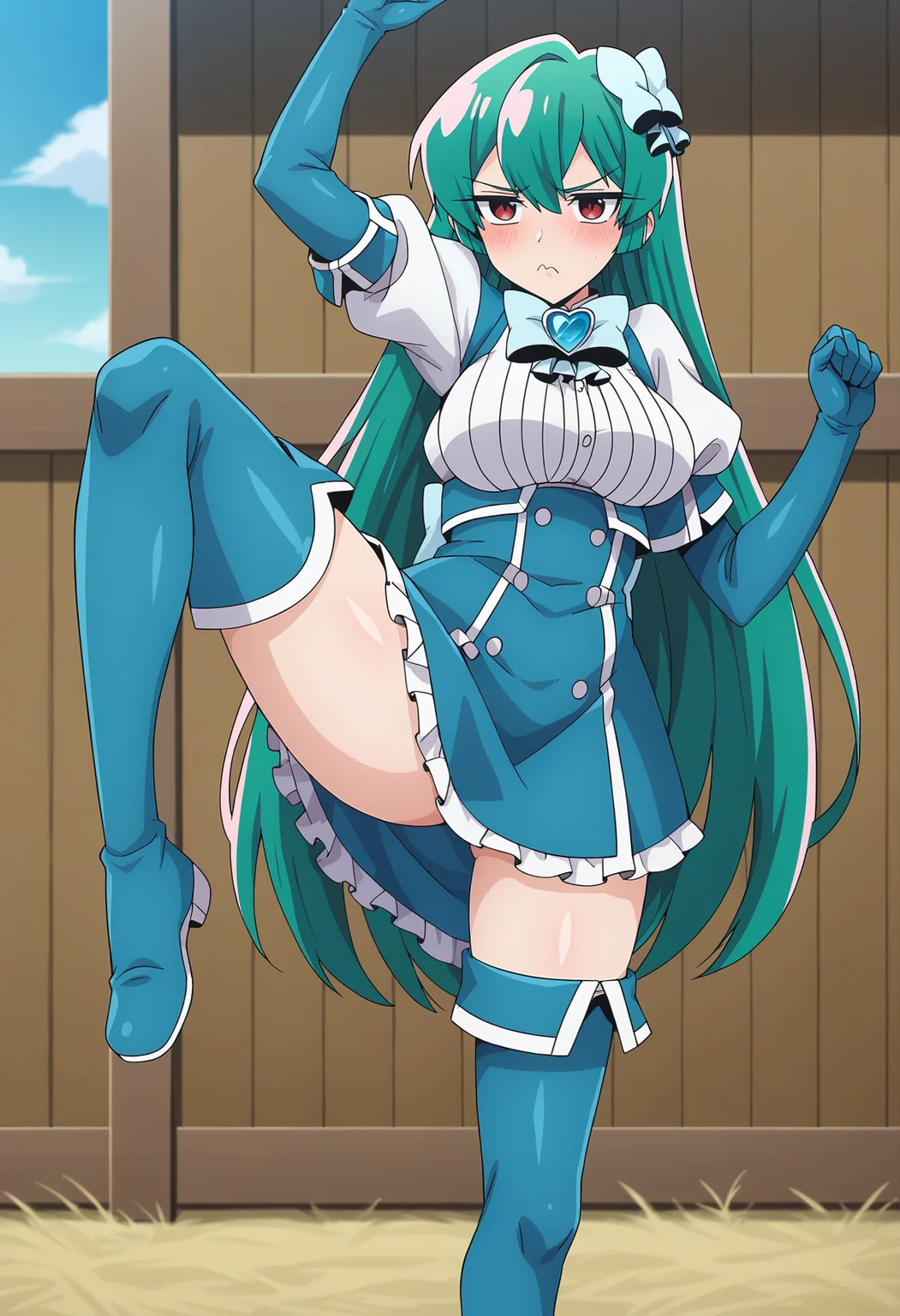 score_9, score_8_up, score_7_up, BREAK source_anime, 1girl, minakami sayo, magia azul, long hair, green hair, red eyes, hair bow, annoyed, standing on one leg, farm <lora:brj-sayo-ponyXL-v0.6:1>
