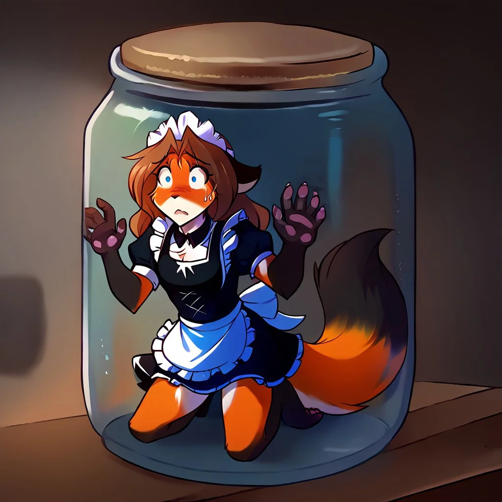 score_9, score_8_up, score_7_up, score_6_up, score_5_up, score_4_up, TomFischbeck,
laura-twokinds, fox, brown hair, mammal, blue eyes, anthro, maid uniform,
in jar, lid, kneeling, frown, scared, banging on glass, screaming