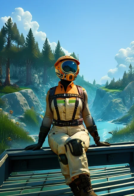 score_9, score_up_8, score_up_7, score_up_6, pioneer, worker suit, worker sitting on spaceport deck, <lora:Satisfactory_pioneer_suit:0.8>, industrial background, industrial planet background <lora:zy_Detailed_Backgrounds_v1:1> scenery, tree, outdoors, cloud