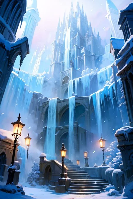 (masterpiece, best quality:1.2), Numenor, waterfall, medieval fantasy city, stairs, (street lamp:0.8), ice, snowing, morning, fog, professional lighting, 8k ultra detailed, photorealistic, cinematic shot <lora:Numenor:0.7> <lora:RealmsOfIce:0.7>  <lora:add_detail:0.8>