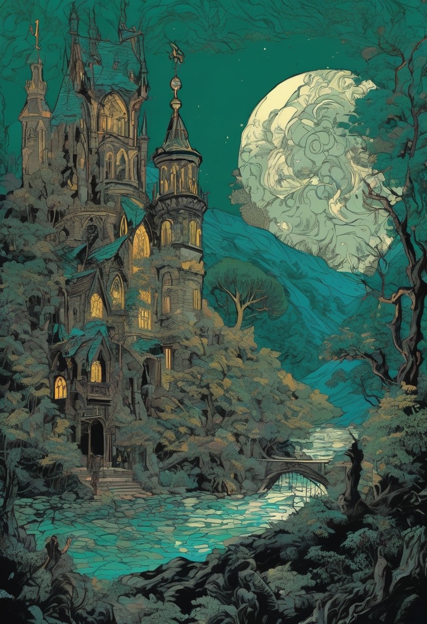 Fairy tale, (Trustworthy Vector image:1.3) of (Detailed illustration:1.3),(Relieving:1.3) ((Fantasy-themed, fantasy art, swift brush strokes)), (Pulp:0.9), ((Dark and grim colors and mood)), embossed in metal (Victorian Gothic Art:1.3),(Dark hue:1.3) Murasa Sproutling fanciful Bluff settled weather Dan Colen, Studio Ghibli Gold, Green medieval,(by Artist Jackson Pollock:1.3),(Flat style:1.3),Illustration,Behance,(Victorian Gothic Art:1.3),(Cyan hue:1.3), Magical, fantastical, enchanting, storybook style, highly detailed