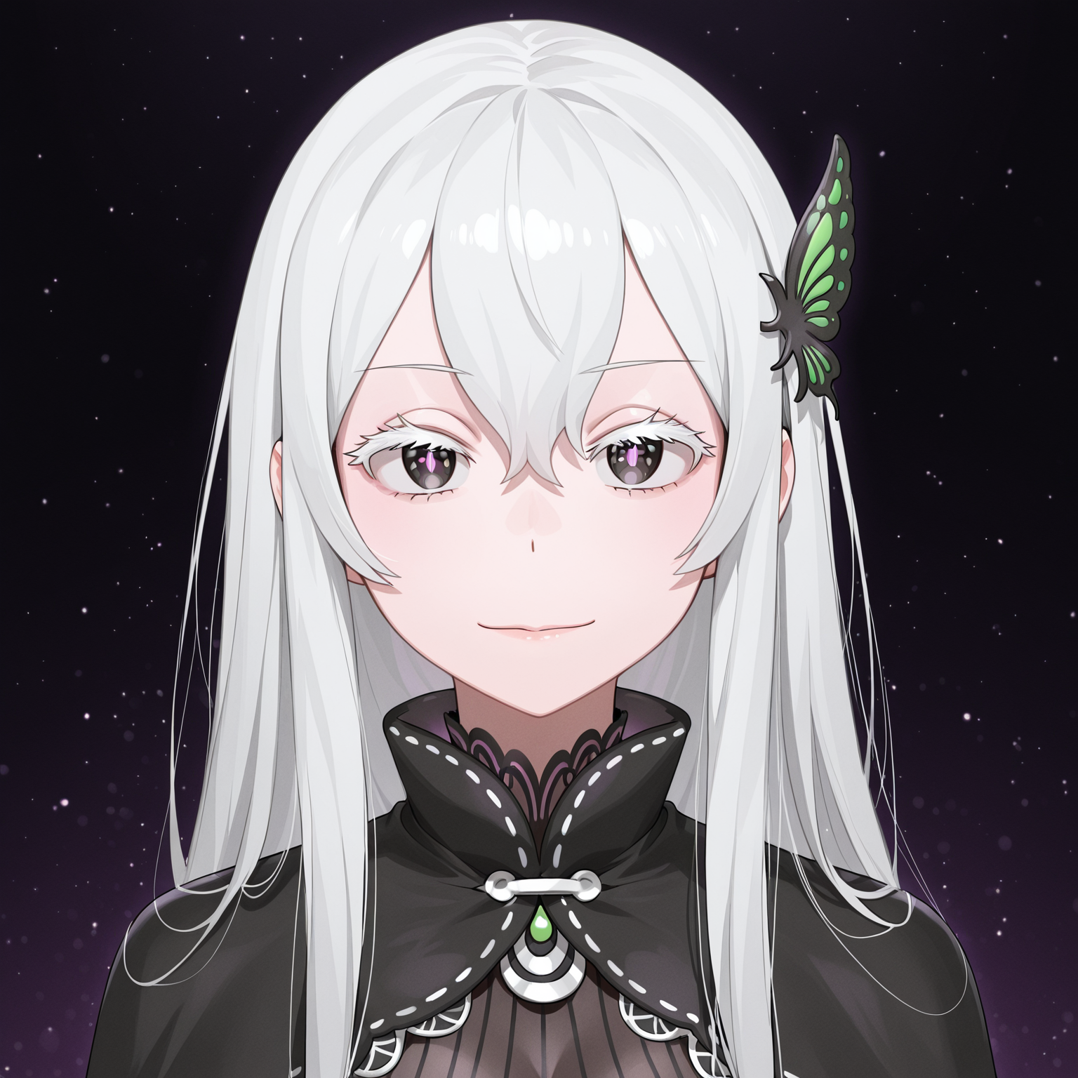 masterpiece, best quality, t4bbt0, 1girl, echidna \(re:zero\), looking at viewer, solo, black dress,
