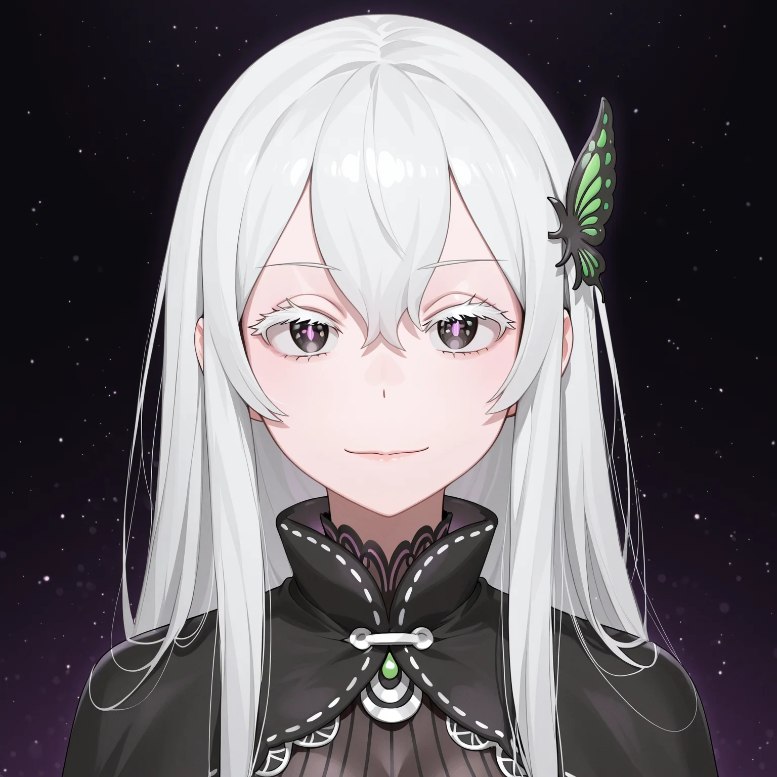 masterpiece, best quality, t4bbt0, 1girl, echidna \(re:zero\), looking at viewer, solo, black dress,