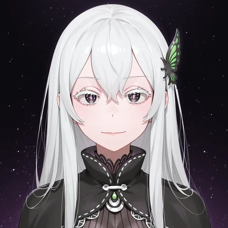 masterpiece, best quality, t4bbt0, 1girl, echidna \(re:zero\), looking at viewer, solo, black dress,