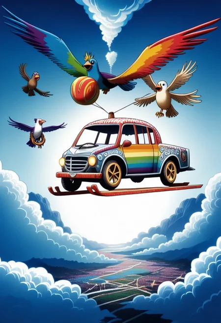 ppstorybook, A whimsical, flying van made of shingles with rainbow-colored paint and oversized wheels, soaring through the clouds with balloons made of shingles trailing behind, surrounded by fluffy clouds made of shingles and playful birds made of shingles , depicted in a cheerful, cartoonish style with soft pastel hues. mad-shingles