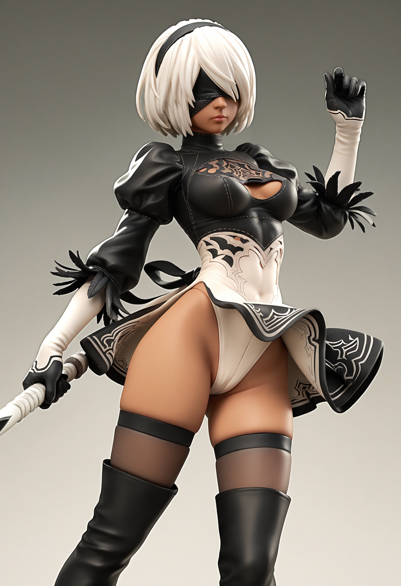 <lora:akihiro_yoshida_style_pony:1> score_9, score_8_up, score_7_up, score_6_up, source anime,
 nier reincarnation, 2p, blindfold, 1girl, hairband, mole under mouth, dark skin, leotard, player 2, thigh boots, dark-skinned female, mole, alternate color, solo, black hair, thighhighs, short hair, gloves, yorha no. 2 type b, weapon
