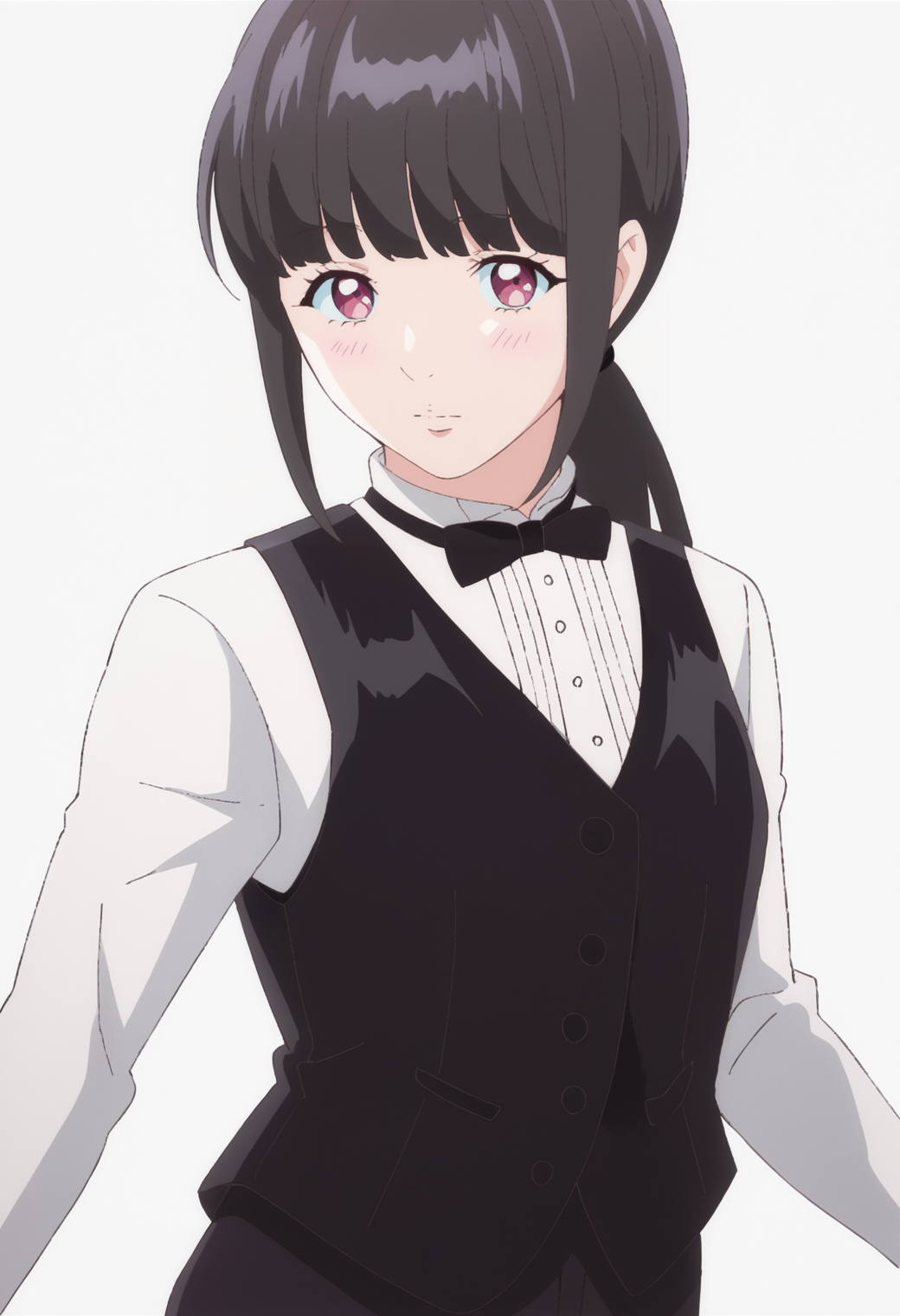 score_9, score_8_up, score_7_up, source_anime, BREAK  white background,dynamic pose, looking at viewer,  1girl  <lora:DX888Aoi-10:1>,kamimachi aoi, black hair,low ponytail, bowtie, shirt, vest, black pants, blunt bangs