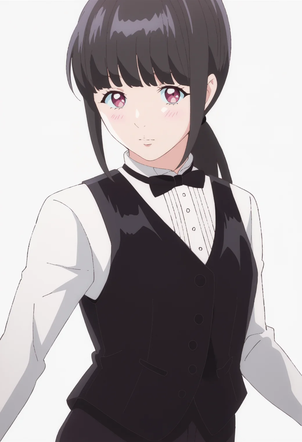 score_9, score_8_up, score_7_up, source_anime, BREAK white background,dynamic pose, looking at viewer, 1girl <lora:DX888Aoi-10:1>,kamimachi aoi, black hair,low ponytail, bowtie, shirt, vest, black pants, blunt bangs