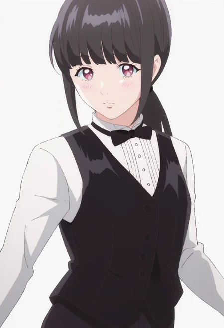 score_9, score_8_up, score_7_up, source_anime, BREAK white background,dynamic pose, looking at viewer, 1girl <lora:DX888Aoi-10:1>,kamimachi aoi, black hair,low ponytail, bowtie, shirt, vest, black pants, blunt bangs