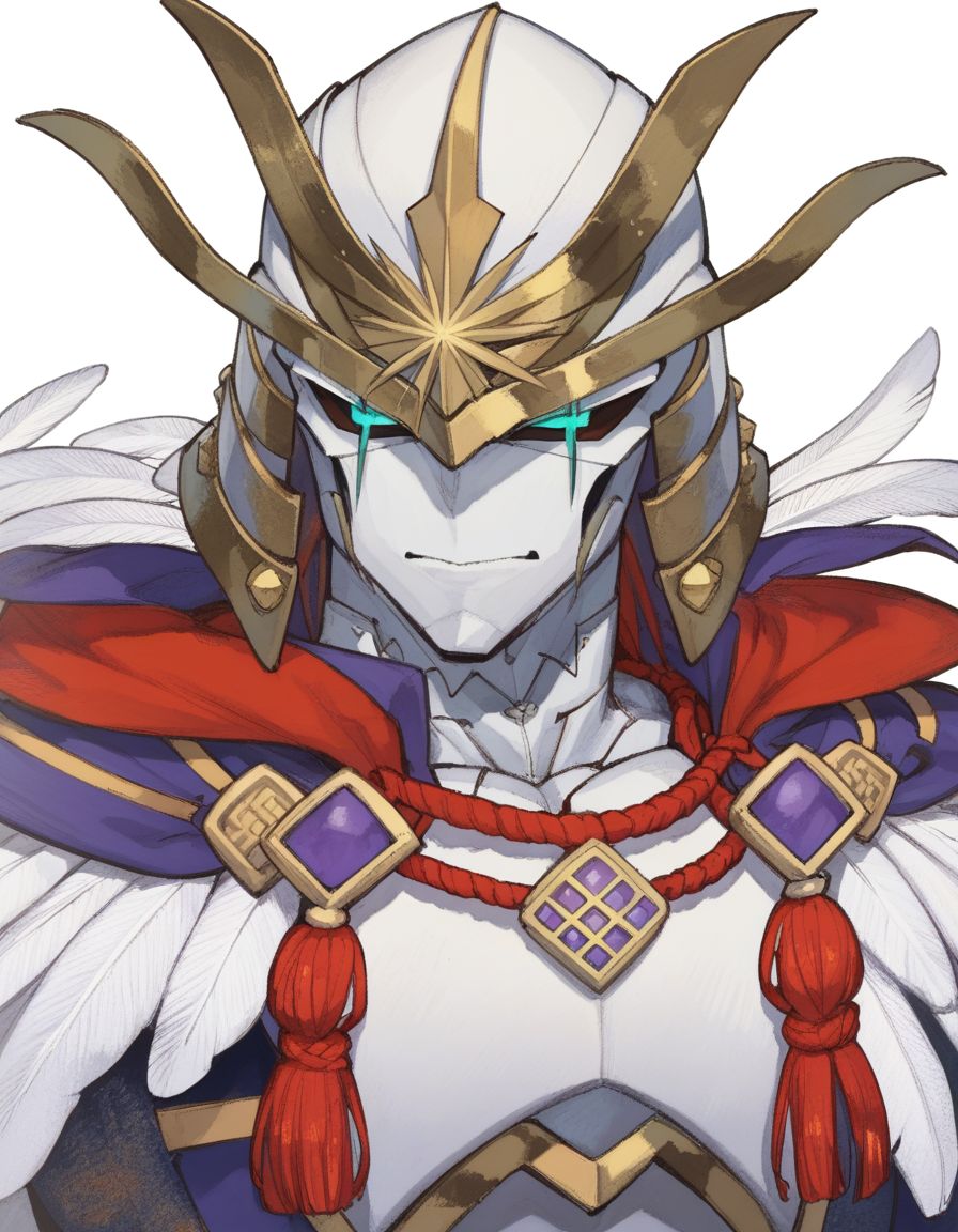 score_9, score_8_up, score_7_up, masterpiece, young boy, v-shaped eyebrows, 
<lora:FSR:1>, fsr,  solo,simple background,1boy,white background,upper body,male focus,armor,no humans,mask,helmet,feathers,rope,japanese armor,kabuto (helmet)