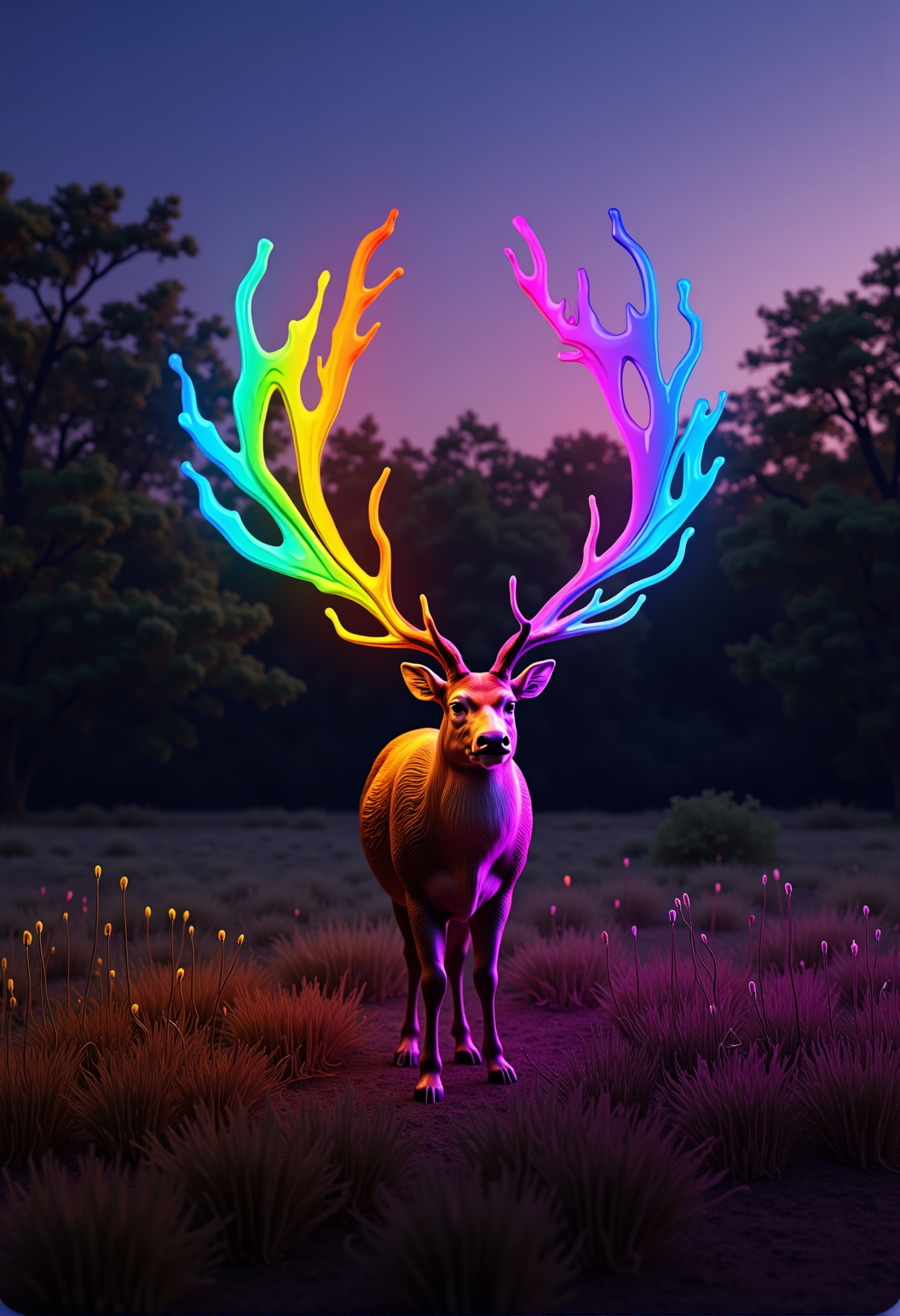 bv-colpaidri. A deer in a meadow, antlers dripping with rainbow hues, blending into a softly glowing twilight, the colors fading naturally into the scene, <lora:bv-colorful-paint-dripping-v1.safetensors:0.7000000000000001:0.7000000000000001>