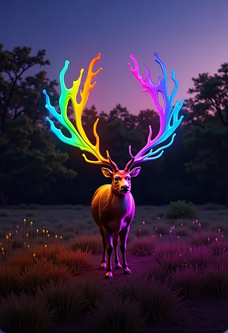 bv-colpaidri. A deer in a meadow, antlers dripping with rainbow hues, blending into a softly glowing twilight, the colors fading naturally into the scene, <lora:bv-colorful-paint-dripping-v1.safetensors:0.7000000000000001:0.7000000000000001>