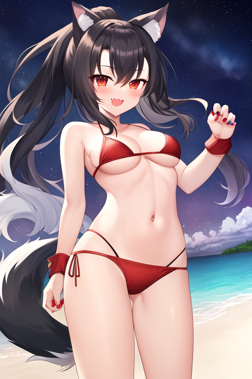 masterpiece, best quality, highres, solo, {night:1.10}, {starry sky:1.10}, beach, beautiful detailed sky, {extremely detailed background:1.20}, {shigure_azurlane:1.10}, {standing:1.10}, looking at viewer, {bikini:1.30}, animal_ears, black_hair, long_hair, wolf_ears, breasts, red_eyes, ponytail, tail, blush, wolf_tail, medium_breasts, fang, smile, open_mouth, bangs, nail_polish, animal_ear_fluff, light smile