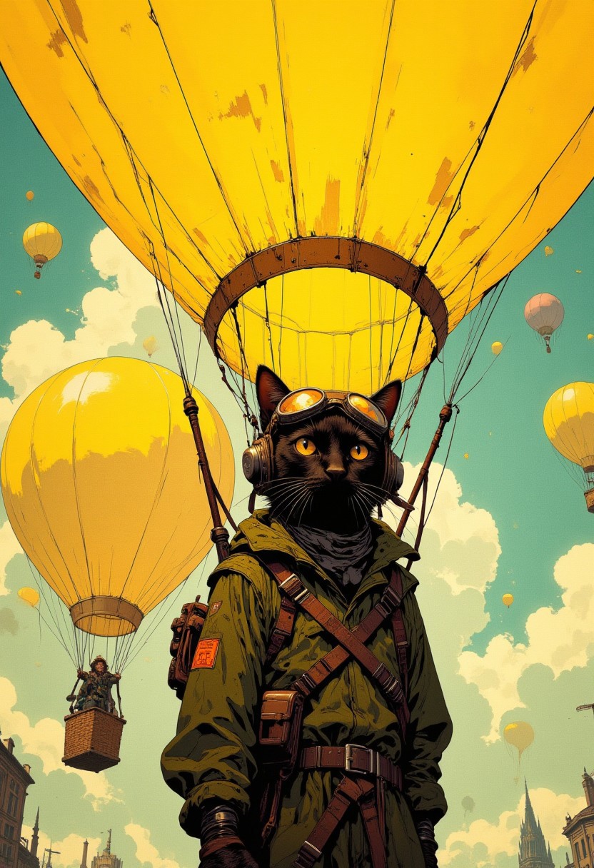 cinematic film still award winning photo.A hotairballoon made from the brightest of yellow. In its basic is a black cat with an aviator helmet and goggles, deep depth of field, vignette, highly detailed, high budget, bokeh, cinemascope, moody, epic, gorgeous, film grain, grainy,anime, cyberpunk, Comic book style,CAICO